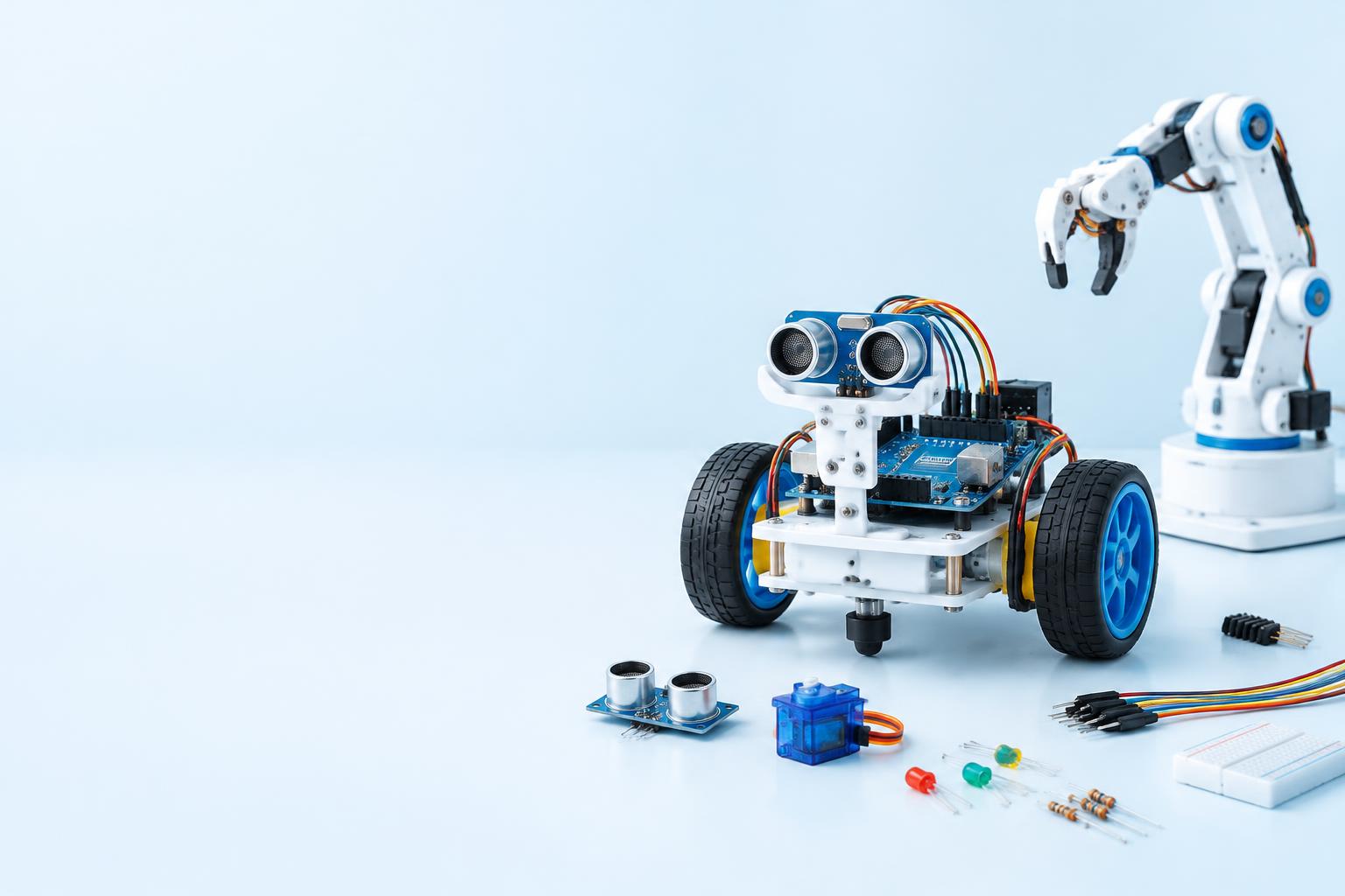 An educational robot car and robotic arm with Arduino electronics on a bright workbench